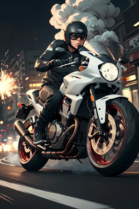 A (speeding) motorcycle the city at high speed,(slow motion:1.3),(Motion blur:1.3),(speed lines:1.2),sense of speed, Sparks and smoke coming out of tires, scenery, <lora:GoodHands-beta2:0.8>