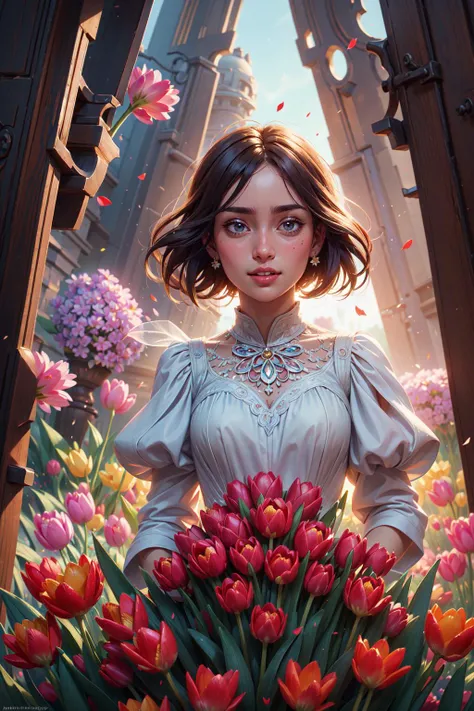 (Happy:1.3) a beautiful woman, beautiful holiday dress, a variety of flowers, look at viewer, tulips, Flower petals are flying in the wind, action-packed, cinematic angle, fairy tale, holiday, beautiful flowers, spring, dew on the flowers, detailed trees, beautiful nature, detailed flowers, bright colors, beautiful clouds, volumetric light, high quality, <lora:add_detail:0.8>, epic realistic, art, (hdr:1.3), hyperdetailed, (artstation:1.3), cinematic, warm lights, dramatic light, (intricate details:1.1), complex background