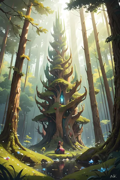 masterpiece, best quality,1girl ,detailed forest fantasy surreal (art by Alan Kenny ), scenery,
