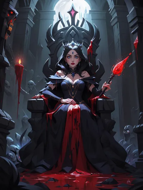 Dark queen of sorceress, dark magic, blood magic, court of evil, throne, liquid dress