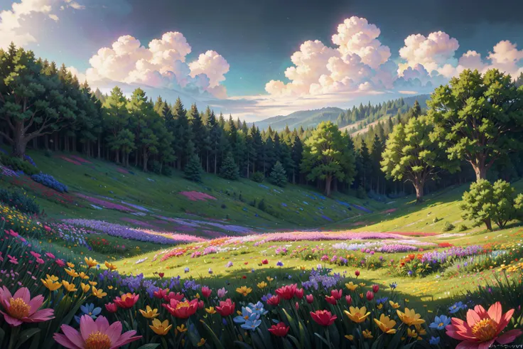 a variety of flowers, flower meadow, holiday, beautiful flowers, spring, dew on the flowers, detailed trees, beautiful nature, detailed flowers, bright colors, god rays, beautiful clouds, volumetric light, high quality, <lora:add_detail:0.8>, epic realistic, art, (hdr:1.5), hyperdetailed, (artstation:1.5), cinematic, warm lights, dramatic light, (intricate details:1.1), complex background