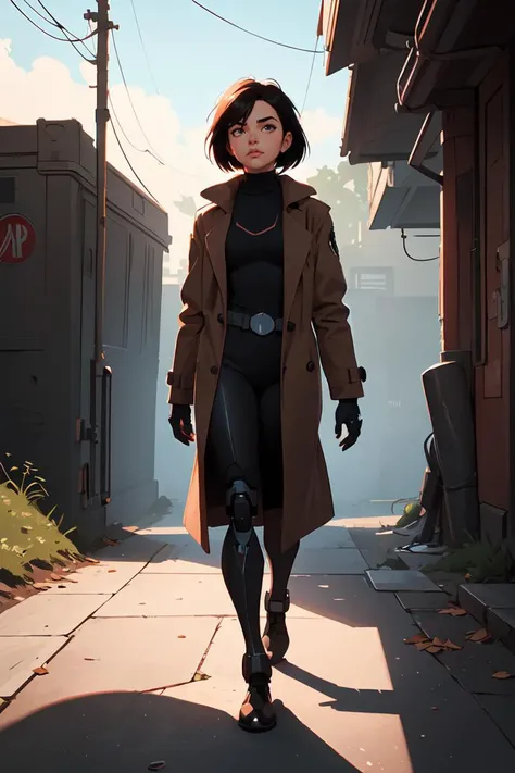 a cyborg girl, battle angel alita, black turtle neck tank top, long brown coat, glowing, (art by Ilya Kuvshinov) shadow, dramatic lighting ,masterpiece, best quality, <lora:GoodHands-beta2:1>, scenery