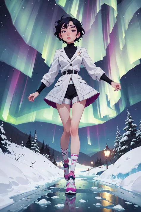 A girl walks on the icy and snowy road. (night, aurora:1.1), centered, , absurdres, hyperrealistic, sharp focus, (intricate details, hyperdetailed, dynamic posing:1.1), (art by Harumi Hironaka), <lora:GoodHands-beta2:1>, scenery