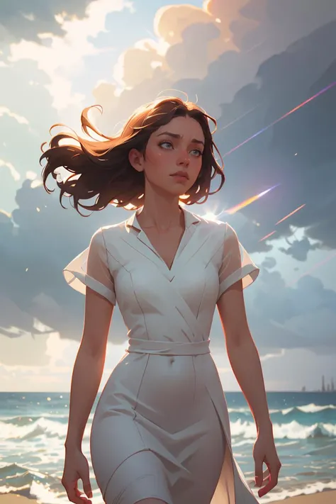 beautiful woman lex in a white dress blowing in the wind, walking on a stormy beach, dark clouds, (cowboy shot:1.4), realistic, masterpiece, highest quality, backlighting, (lens flare:1.1), (bloom:1.1), (chromatic aberration:1.1), by Jeremy Lipking, by Antonio J. Manzanedo, digital painting