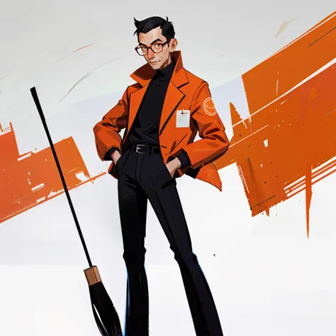 (A_Rostov_Style:0.7),illustration (full body shot:1.2) of adorable slim man posing, thin glasses, Asian appearance, wearing an orange jacket, black pants, flirty dynamic pose, rough brush strokes, soothing tones, calm colors, art by greg rutkowski and artgerm,<lora:DE_Alexander_Rostov:0.9>