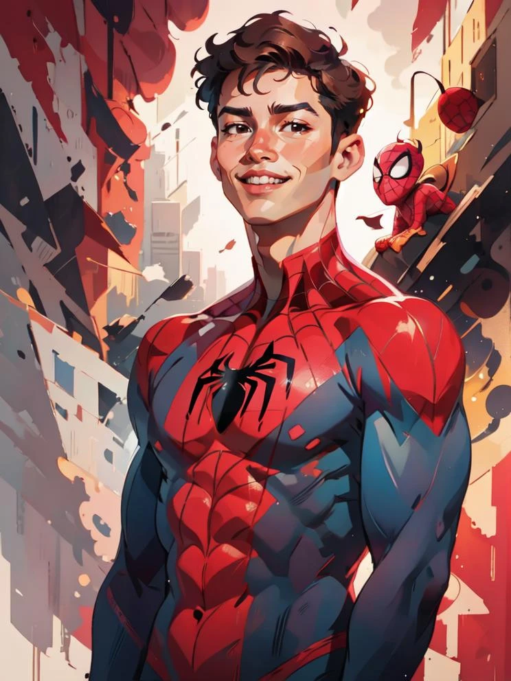 spiderman, handsome age male model, male focus, short brown curly hair, ,<lora:MaxRos:1.0> ,smile, spidersuitt, cody Christian BREAK empire state building,