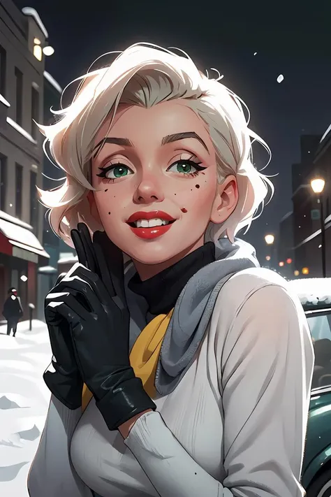 paparazzi portrait photo of Marilyn Monroe smiling and posing for a photo shoot on a New York street, very diffuse light, (single black mole on the left cheek:0.6), sensual, cleavage, wearing a yellow winter turtleneck sweater from 1950, wearing a blue silk scarf around her neck, red lips, snow gloves. Retro scenery in the background, 1950s snow covered cars, 1950s (highly detailed skin:1.2), High details. ultra high res.photorealistic:1.2,UHD, DSLR, soft lighting, high quality, grain film, FujifilmXT3 <lora:model-lora-monroe-10:0.8>