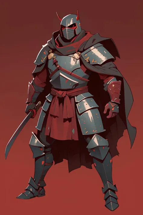 a man in a cape, samurai mask, heavy metal armor under the cape, metal SIC_OUTLINED, illustration, rough outlines, thick outlines <lora:SIC_outline_v1.01:0.8>, simple red background