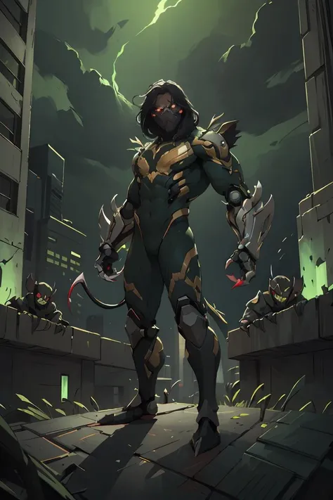 theDarkness2023, man standing on rooftop, claws, bio-mechanical armor, gauntlets, green suit, glowing eyes, muscular, best quality, masterpiece, 8k, uhd, night, new york, gloomy, surrounded by small demons
<lora:theDarkness2023:0.7>,