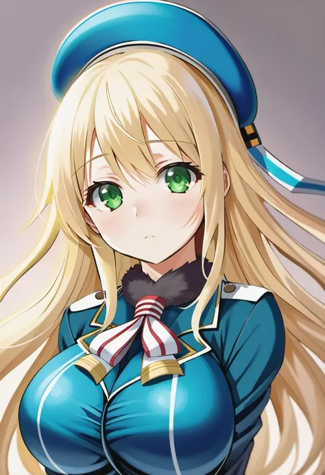 bustshot of atago (kancolle), blonde hair, green eyes, beret <lora:atago_xl:0.7>