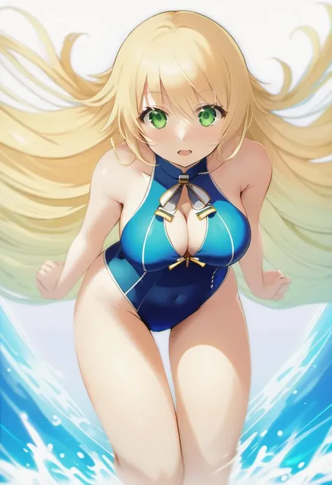 atago (kancolle), blonde hair, green eyes, (blue competition swimsuit:1.2), bare arms <lora:atago_xl:0.7>