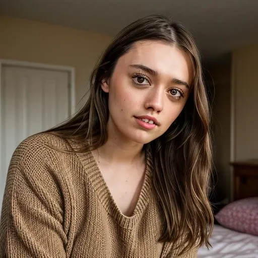 a Realistic photo of a aimee lou wood woman with long brown Hair and ((hands on her head)), detailed face with a serious look, detailed eyes, perfect slim body, modelshoot style, (wearing a tan sweater), soft lighting, professional Photography, Photorealistic, detailed, kneeling on a bed, blurred background, RAW, analog, sharp focus, 8k, HD, DSLR, high quality, Fujifilm XT3, film grain, award winning, masterpiece<lora:aimee lou wood v1.0:1>