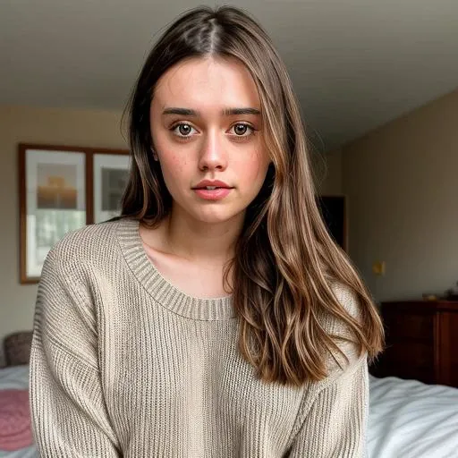a Realistic photo of a aimee lou wood woman with long brown Hair and ((hands on her head)), detailed face with a serious look, detailed eyes, perfect slim body, modelshoot style, (wearing a tan sweater), soft lighting, professional Photography, Photorealistic, detailed, kneeling on a bed, blurred background, RAW, analog, sharp focus, 8k, HD, DSLR, high quality, Fujifilm XT3, film grain, award winning, masterpiece<lora:aimee lou wood v1.0:1>