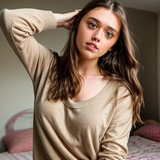 a Realistic photo of a aimee lou wood woman with long brown Hair and ((hands on her head)), detailed face with a serious look, detailed eyes, perfect slim body, modelshoot style, (wearing a tan sweater), soft lighting, professional Photography, Photorealistic, detailed, kneeling on a bed, blurred background, RAW, analog, sharp focus, 8k, HD, DSLR, high quality, Fujifilm XT3, film grain, award winning, masterpiece<lora:aimee lou wood v1.0:1>