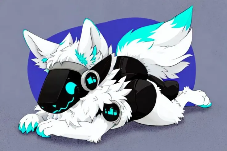 Character: Protogen ( Furry Specie ) with White Total Part skin, Eyes Visor Cyan, Ears Inside Total part Cyan and blue liters
Clear Visor Face/ Eye
Fluffy Tail
Tail White
Total part White
background Where I'm lying down, with a giant black sign behind the character
Full Body
