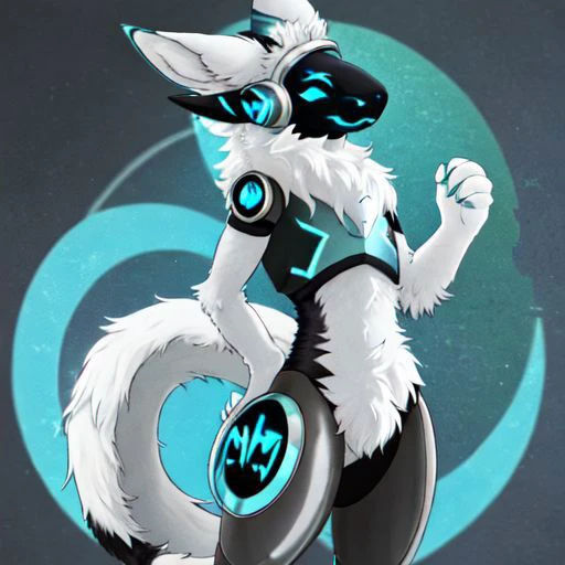 Character: Protogen ( Furry Specie ) with White Total Part skin, Eyes Visor Cyan, Ears Inside Total part Cyan and blue liters
Clear Visor Face/ Eye 
Fluffy Tail
Tail White
Total part White
Full Body