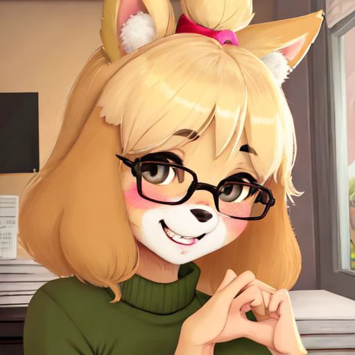 character: Isabelle, animal crossing, (inside), (perfect hands), ((masterpiece)), (((hazel eyes))), full body, (perfect face, detailed face, detailed eyes, perfect hands, perfect fingers), ((great quality)), looking at viewer, (detailed face and eyes), solo, loraisabelle, green skirt, brown sweater, white colar, glossy lips, happy smile, autumn, glasses, ((inside)), ((Nook office)), red ribbon, furry, cute furry, little pink nose, Blush, small breast, pretty eyelashes, kawaii, kemono, fluffy, hands down, 1girl, dog girl, smile, dog ears, blonde hair, topknot, indoors, furry, furry female, plant, behind desk, (((sfw)))