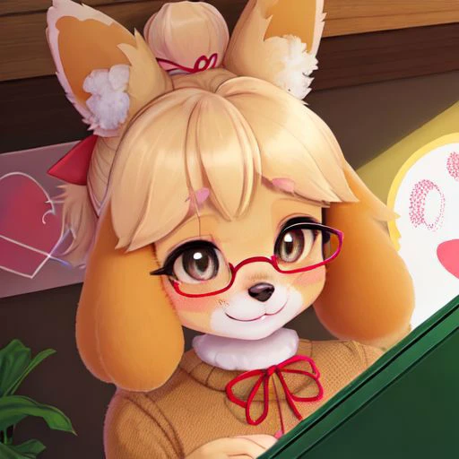 character: Isabelle, animal crossing, good quality, (inside), (perfect hands), ((masterpiece)), (((hazel eyes))), full body, (perfect face, detailed face, detailed eyes, perfect hands, perfect fingers), ((great quality)) (((perfect eyes))), full body, looking at viewer, (detailed face and eyes), solo, loraisabelle, green skirt, brown sweater, white colar, detailed eyes, best aesthetic, instagram, pixiv, hart shaped lips, happy smile, autumn, glasses, ((inside)), ((Nook office)), red ribbon, glittery eyes, four fingers, furry, cute furry, little pink nose, Blum, little breast, pretty eyelashes, kawaii, kemono, fluffy, hands down, 1girl, dog girl, flower, solo, animal ears, smile, dog ears, blonde hair, blush stickers, topknot, indoors, furry, furry female, :>, plant, from above, behind desk