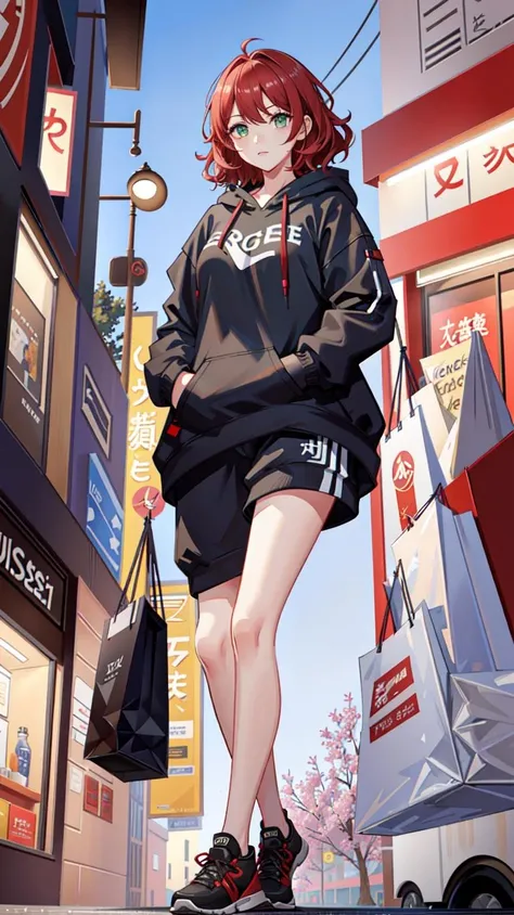 (1girl:cute face, average breasts, wavy hair, detailed eyes, <lora:perfecteyes:1>, perfect eyes), short red hair, green eyes, oversized hoodie, baggy pants, sneakers, standing in front of a shopping mall at night, high quality, high resolution, extreme detail, masterpiece