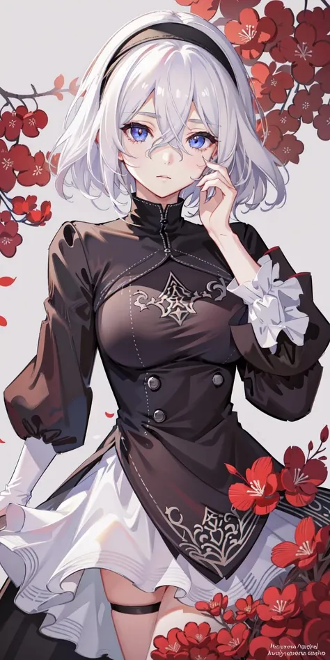 mobile wallpaper, (1girl:cute face, average breasts, short white wavy hair, detailed eyes, <lora:perfecteyes:1>, perfect eyes), <lora:2b:1> yorha no. 2 type b, white hair,short hair,black hairband, blindfold, high quality, high resolution, extreme detail, masterpiece