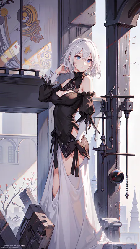 (1girl:cute face, average breasts, long wavy hair, detailed eyes), hiresfix, <lora:2b:1> yorha no. 2 type b, white hair,short hair,black hairband, blindfold, sword in one hand, destroyed city in the background, 2b \(nier automata\), high quality, high resolution, extreme detail, masterpiece, intricate details, [volumetric fog], cinematic lighting, photographed on a Canon EOS R5, 50mm lens, F/2.8, HDR, 8k resolution