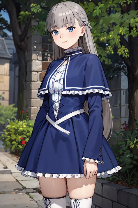 masterpiece,best quality,highres,ultra-detailed,lawine,long hair,braid,french braid,blunt bangs,capelet,blue capelet,dress,blue dress,frills,long sleeves,thigh boots,cross-laced footwear,(white footwear:1.2),<lora:lawine:0.7>,outdoors,cowboy shot,smile,standing,