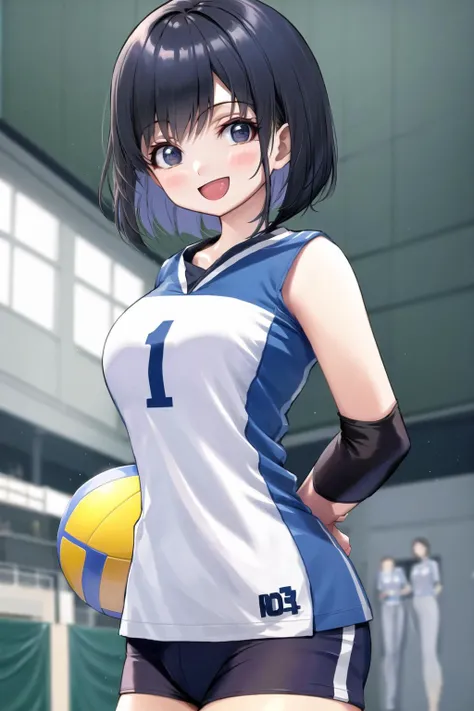 short girl, bob cut, volleyball uniform, volleyball, indoor stadium, :d, looking at viewer, <lora:Mgear-10:0.6>, <lora:volleyball uniform V2:0.6>,