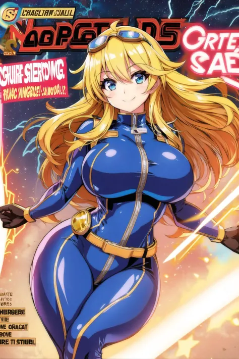 large breasts, wide hips, smile, looking at viewer, comic cover, bodysuit, goggles, lightning, <lora:Cutesy4-10:0.6>, <lora:Comic-10:0.6>