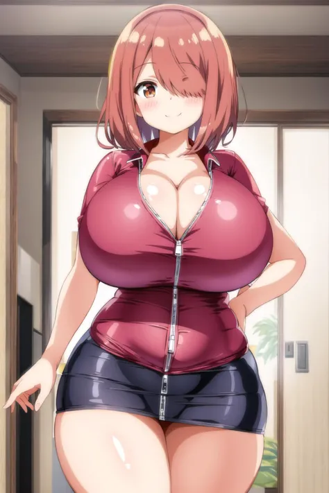 gigantic breasts, wide hips, smile, looking at viewer, hoshinomiyako, indoors, partially unzipped, <lora:Cutesy4-10:0.6>, <lora:hoshinoMiyakoWatashiNi_v10:0.6>