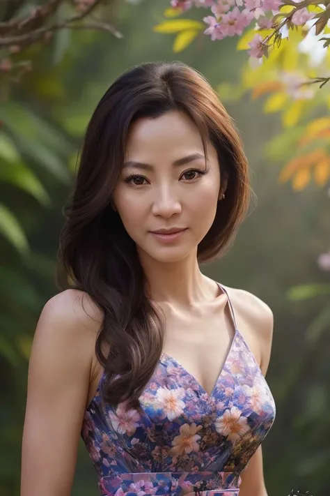 photo of (m1chelley3oh:0.99), a woman in the cover of a fashion magazine, (magazine cover:1.3), modelshoot style, (extremely detailed CG unity 8k wallpaper), photo of the most beautiful artwork in the world, professional majestic oil painting by Ed Blinkey, Atey Ghailan, Studio Ghibli, by Jeremy Mann, Greg Manchess, Antonio Moro, trending on ArtStation, trending on CGSociety, Intricate, High Detail, Sharp focus, dramatic, photorealistic painting art by midjourney and greg rutkowski, (floral dress with neckline), (looking at viewer), (detailed pupils:1.3), (modern outfit:1.2), (closeup), (magazine logo visible), (magazine text), (magazine title:1.1)