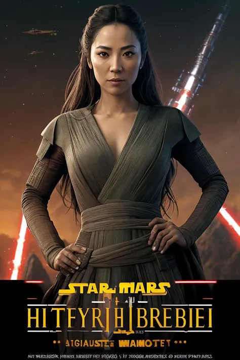 photo of (m1chelley3oh:0.99), a woman (as a movie star:1), (((highly detailed infographic))), perfect thighs, (jedi master outfit), (tatooine in the background), (((Star Wars movie poster with text:1.2))), (((movie title:1.2))), atmospheric lighting, cinematic composition, extreme quality photorealistic painting, 8k wallpaper of the highest quality, nikon, detailed, art by bastien lecouffe-deharme and greg rutkowski and carne griffiths, natural light, 4K, highly detailed, ((perfect eyes)), (detailed pupils), (((film casting))), (((text:1.3))), (((character infographic))), (gun holstered around waist:1.2)