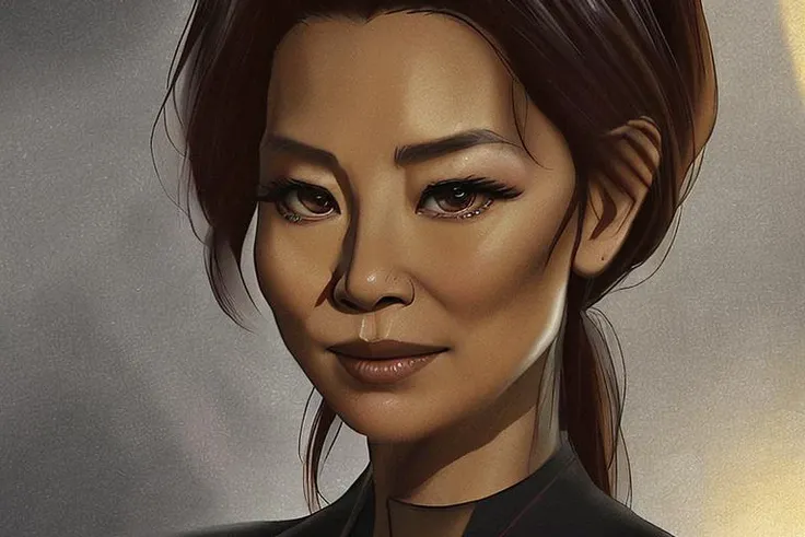 photo of (m1chelley3oh:.8), an asian woman as a movie star, (wearing a black strtrk uniform:1), (looking at viewer), (closeup), (serious) <lora:starTrekUniforms_v1> <lora:babesKissableLips_1:1>