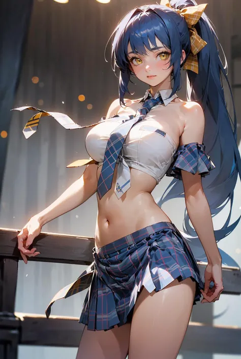 (masterpiece, highest quality, ultra high res, ultra detailed:1.3), 1 cute girl, ideal ratio body proportions, blue medium hair, high ponytail, , clothes covered nipples, blue pleated mini skirt, (white panties, high kicking the viewer:1.4), angry look, cameltoe, dynamic angle,