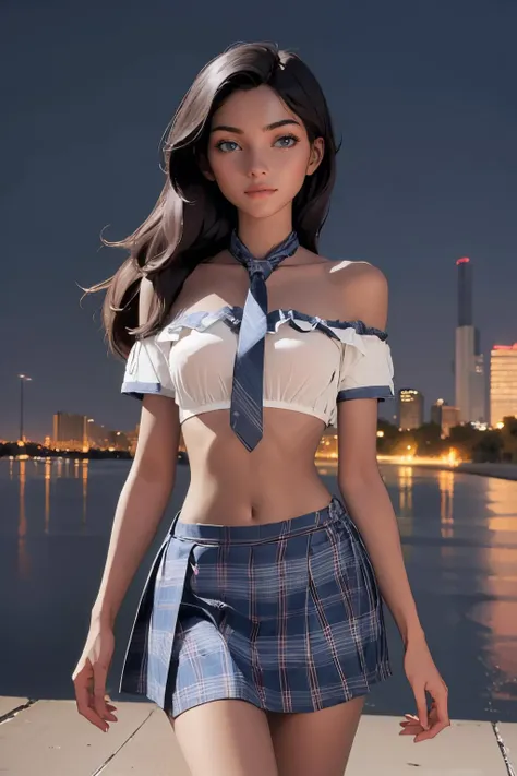 (photograph, hyperrealism, masterpiece, 8k:1.3), 1girl, Mauritanian, skinny, nsfw, long hair hair, lonely, park, City Lights, The glittering lights of a cityscape, providing a backdrop for urban romance, trending on Unsplash, concept art, shot by robert capa, cowboy shot, <lora:low_cut_school_uniform:1>, low_cut_school_uniform, plaid skirt, necktie, navel