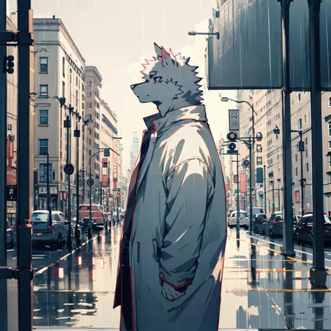 masterpiece, best quality,1boy,furry,furry male,solo focus,solo,novel illustration, fashion, colorful, city, rain, <lyco:00loha-000014:1>