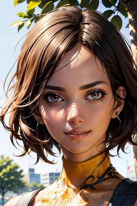 halle berry, dark skin, brown eyes, wearing a yellow turtleneck, looking at viewer, smiling, happy, teeth, portrait,
outside, park, changing season, summer to fall, extreme detail, hdr, masterpiece, <lora:lora-small-halle-berry-v1:.8>