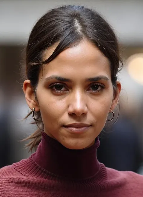 A stunning intricate color close up portrait of (sks woman:1) , wearing Turtleneck sweater and corduroy pants, epic character composition, sharp focus, natural lighting, subsurface scattering, f2, 35mm, film grain, , by Michael Kenna, <lora:lora-small-halle-berry-v1:1>