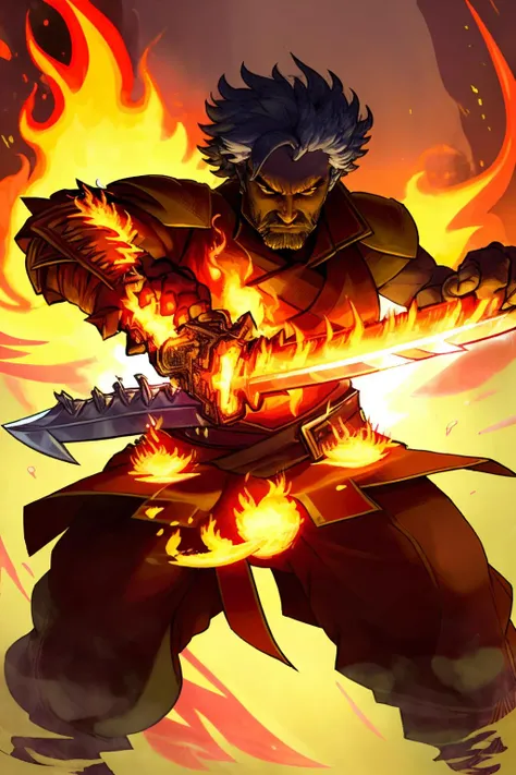 <lora:Edw4rds:1>,best quality,fire,flames,explosion,man holding a sword,holding a fireball,
