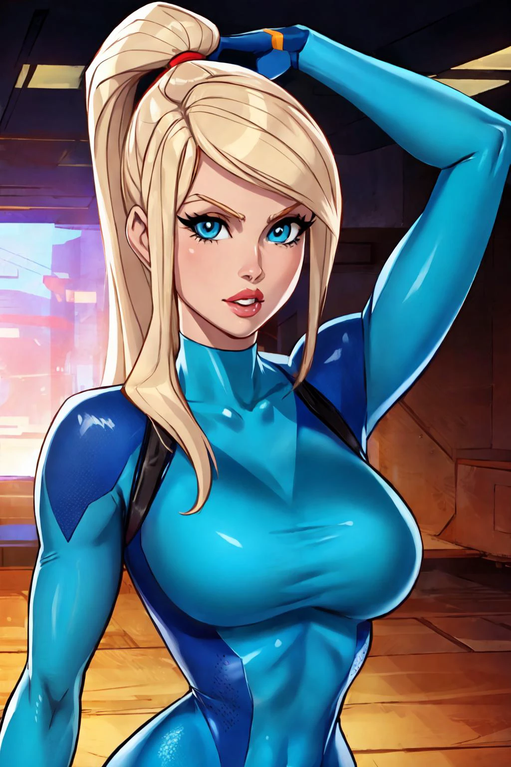 (Masterpiece, Best Quality, High Quality, Highres:1.4), Detailed, Extremely Detailed, Ambient Soft Lighting, 4K, 1Girl, (Solo:1.4), (Samus Aran, Zero Suit, Milf:1.2), Standing, Upper Body, (Face Focus:1.2), (Extremely Detailed Hair:1.2), blonde Hair, long Hair, (ponytail:1.4), (blue Eyes, Looking at Viewer:1.2), big breasts, dark lipstick, eyeshadow, thick eyelashes, (blue zero suit:1.2), scifi, <lora:milfWeightEdit_v1:0.5> <lora:samusAranMetroid_v1:0.3> <lora:comicsCartoonStyle_v22:1>