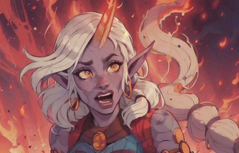 awkward situation, awkward, scared, (scared face:1.2), soraka, league of legends, upper body, fire background, fires, particles in the air, painting, high detailed, high quality, comics style, comics, <lora:Soraka_Classic:1>, <lora:tendertroupe_v2.2:0.8>, <lora:Retro_Anime:0.6>, 1 horn, 1 person,, Painting, intricate details, modern-style colour illustration, detailed setting, freckles, reaction frame, erotic aesthetics,