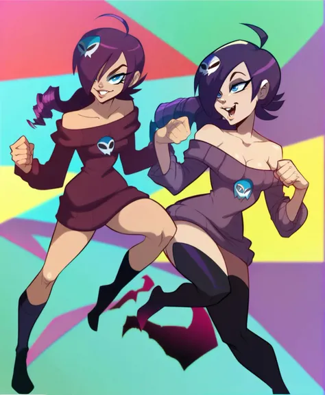score_9_up, score_8_up, score_7_up, dynamic pose, full body, wide shot, Forced Perspective, 1girl, <lora:zonearchive_zone-tan_ponyXL:1>, Zone-Tan, hair over one eye, ahoge, drill hair, skull hair ornament, purple hair, blue eyes, medium breasts, smiling, open mouth, off-shoulder sweater, collarbone, black thighhighs
, <lora:tendertroupe_v0.1-pony:1>