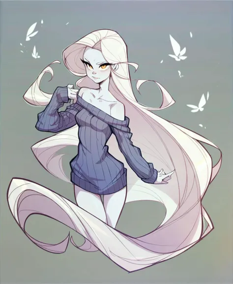 score_9_up, score_8_up, score_7_up, dynamic pose, full body, close-up, 1girl, very long hair, pure white hair, yellow eyes, pale skin, small breasts, sweater dress, ribbed sweater, off shoulder, collarbone, long sleeves
, simple background, <lora:tendertroupe_v0.1-pony:1>