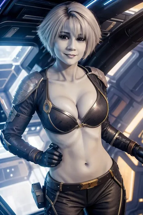 ((realistic))), ChianaFarscape, (gray skin), white hair, black pupils, smirking, ((half-body)), cleavage, navel, midriff, action pose, sci-fi, spaceship interior, outer space, looking into the camera,