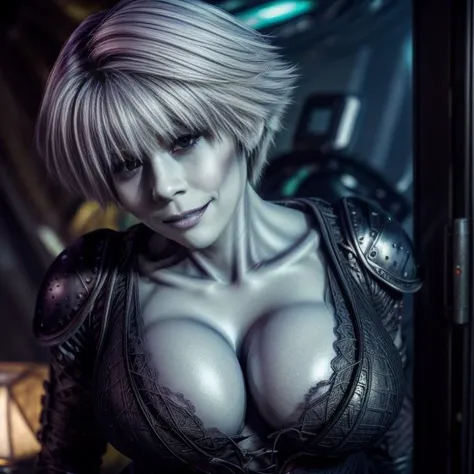 ((DSLR Photo)), ((realistic))), ChianaFarscape, smirking, close-up, Office, horror scene, by greg rutkowski and gaston bussiere, vibrant lush neon lighting, beautiful volumetric-lighting-style atmosphere, futuristic atmosphere, intricate, detailed, photorealistic imagery, artstation, a masterpiece by m.w. kaluta, yoji shinkawa <lora:ChianaFarscape:0.7>, with (((enormous breasts:1.2))), posing sexually and enticingly inside an alien space ship, looking towards viewer, epic realistic, adobe lightroom, photolab, hdr, (depth of field), hyperdetailed, shot with hasselblad photography, high quality image, ultra detailed eyes, absurd res, absurdres, award winning masterpiece, 4 kodak, high quality fingers, normal hands, vivid colors, detailed skin, unreal engine, lifelike texture, detailed fingers, (best quality), ultra-detailed, perfect illumination, detailed hairstyle, detailed background, shadows, contrast, analog style, (skin texture), (film grain), (warm hue, warm tone), cinematic lighting, sidelighting, ultra high res, best shadow, RAW, high detail RAW color art, (8k), (8k artstation), 8k dslr,  diffused soft lighting, hyperrealism, (realistic, photo-realistic:1.37), ((highly detailed)), ((smooth)), ((rich colors)), ((vibrant colors)), intricate, ultra detailed, (intricate details:1.1), cinematic render, uhd, sharp focus, Ray Tracing
