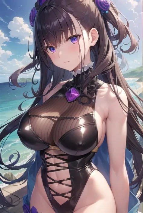 murasakishikibu, <lyco:murasakishikibu-lyco-nochekaiser:1>,
murasaki shikibu, brown hair, (purple eyes:1.1), long hair, (large breast:1.2),
BREAK armlet, bare shoulders, black gloves, black legwear, black one-piece swimsuit, covered navel, fingerless gloves, gloves, gold trim, hair flower, hair ornament, hair up, half gloves, highleg, highleg swimsuit, long hair, one-piece swimsuit, shawl, single thighhigh, swimsuit, thighhighs, tied hair,
BREAK looking at viewer,
BREAK outdoors, beach,
BREAK <lyco:GoodHands-beta2:1>, (masterpiece:1.2), best quality, high resolution, unity 8k wallpaper, (illustration:0.8), (beautiful detailed eyes:1.6), extremely detailed face, perfect lighting, extremely detailed CG, (perfect hands, perfect anatomy),