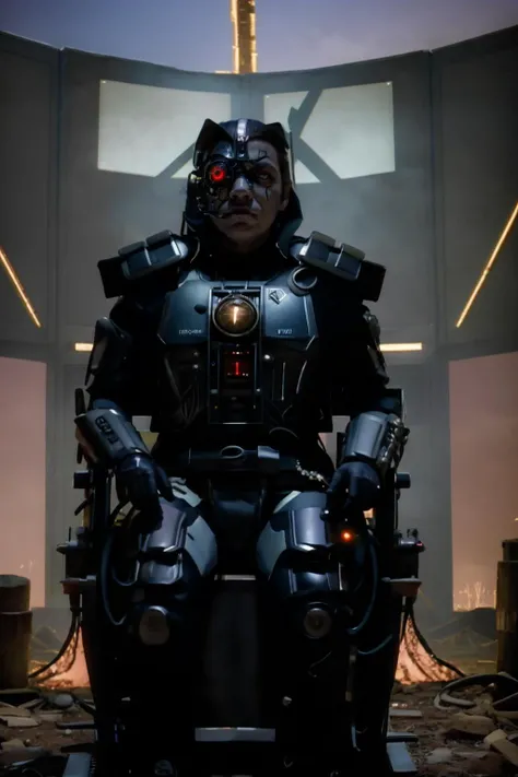 (masterpiece, best quality:1.2), anamorphic cinematography, shot on arri alexa mini, harsh light, arid, earthy tones, leading lines, desolation, anamorphic flare, lens distortion, denis villeneuve style, post-apocalyptic, night time, darkness,
<lora:Captain_Power_Style:1>, cptpower, biodread, lord dread, black armour, helmet, red cyborg eye, sitting on throne, computers, screens, new order logo,