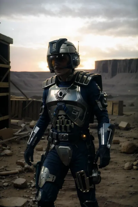 (masterpiece, best quality:1.2), anamorphic cinematography, shot on arri alexa mini, harsh light, arid, earthy tones, leading lines, desolation, anamorphic flare, lens distortion, denis villeneuve style, post-apocalyptic, night time, darkness,
 <lora:Captain_Power_Style:1>, cptpower, powersuit, captain, helmet
