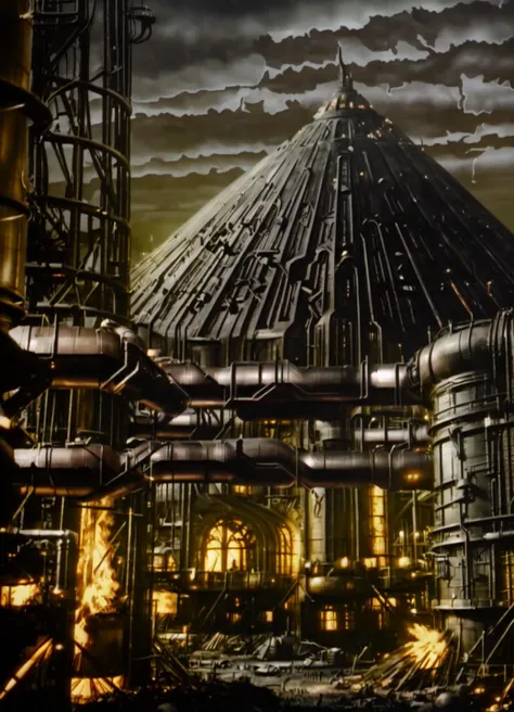 cptpower, post apocalyptic, metal volcano, metal pipes, dark atmosphere, industrial,     <lora:Captain_Power_Style:1>