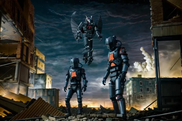 <lora:add_detail:0.6>, cptpower, biodread, 3 metal drone, full body, in front of destroyed buildings, night time, eerie, dark atmosphere, cloudy <lora:Captain_Power_Style:1>
