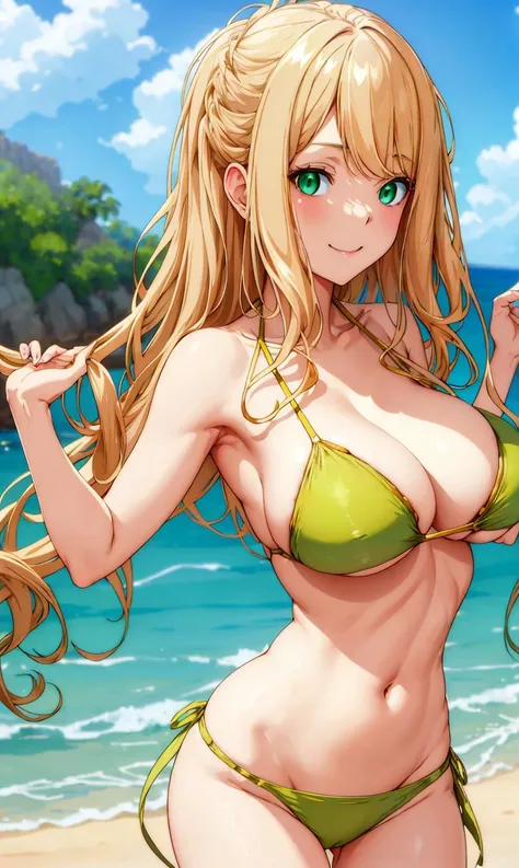 masterpiece,high quality,4k, <lora:LexiaV2:0.7>,beige hair,bangs,bare shoulder,bare belly,green eyes,cleavage,bikini,street,sea,beach,smile,thigh,solo